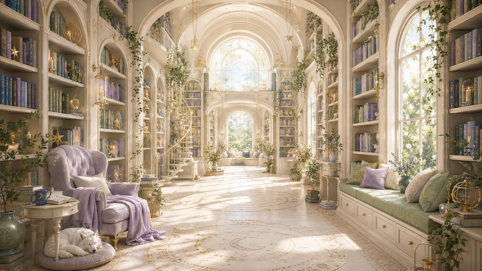A cozy enchanted library with glowing arched doorways, bookshelves, and warm lamplight — The Sticker Era