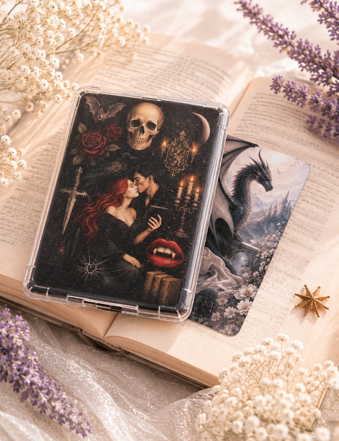 Gothic romance and dragon Kindle inserts in a clear case by The Sticker Era