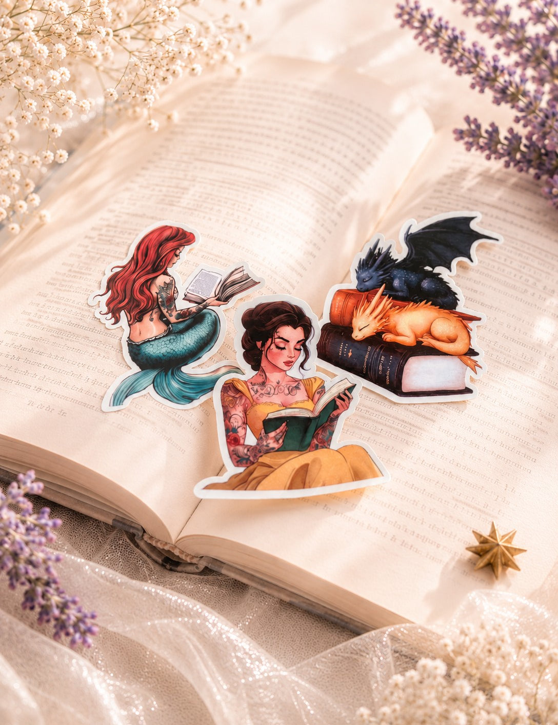 Mermaid, Tattooed Princess and sleeping dragons die-cut stickers by The Sticker Era