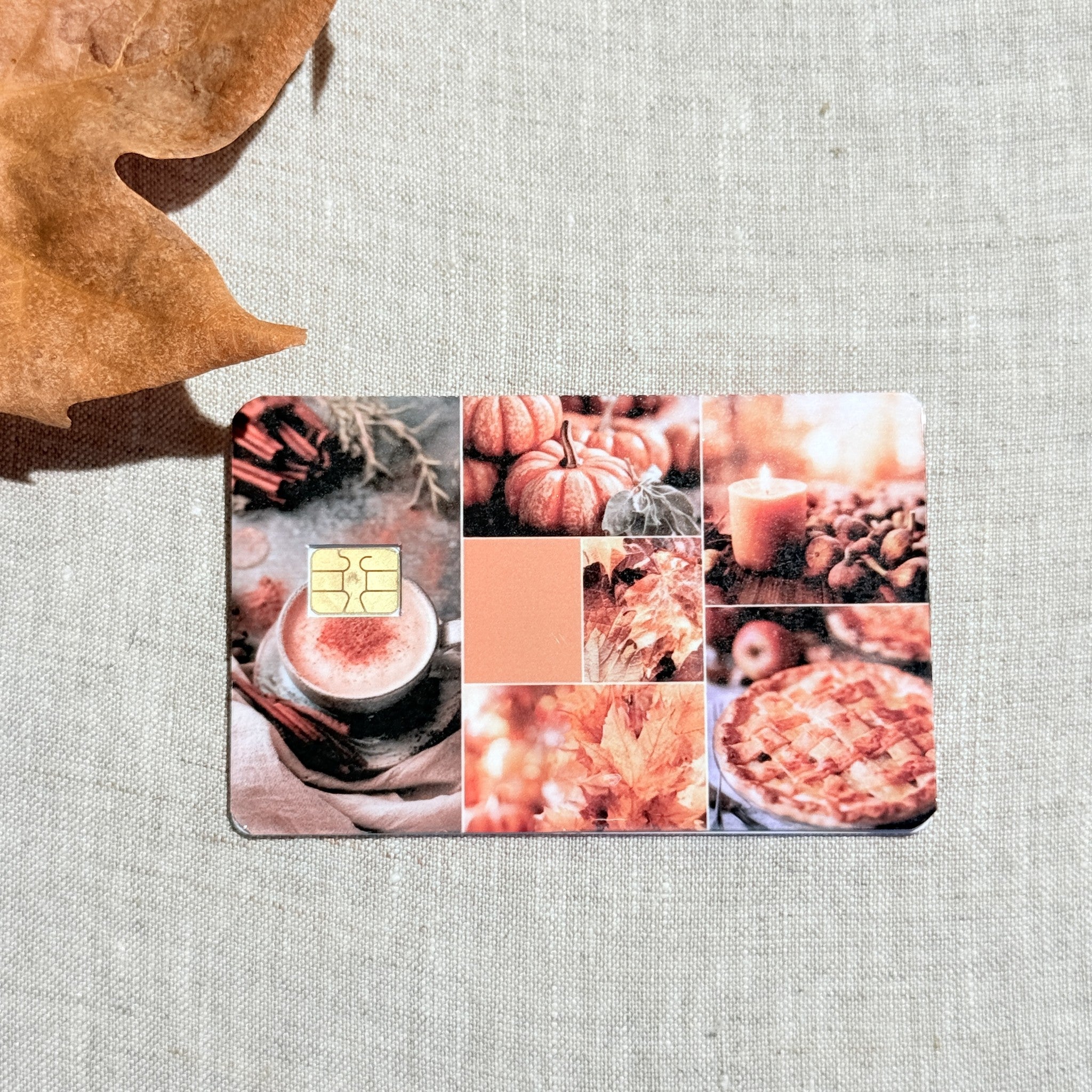 Blush autumn collage card skin on a debit card, soft peach photo grid of fall scenes
