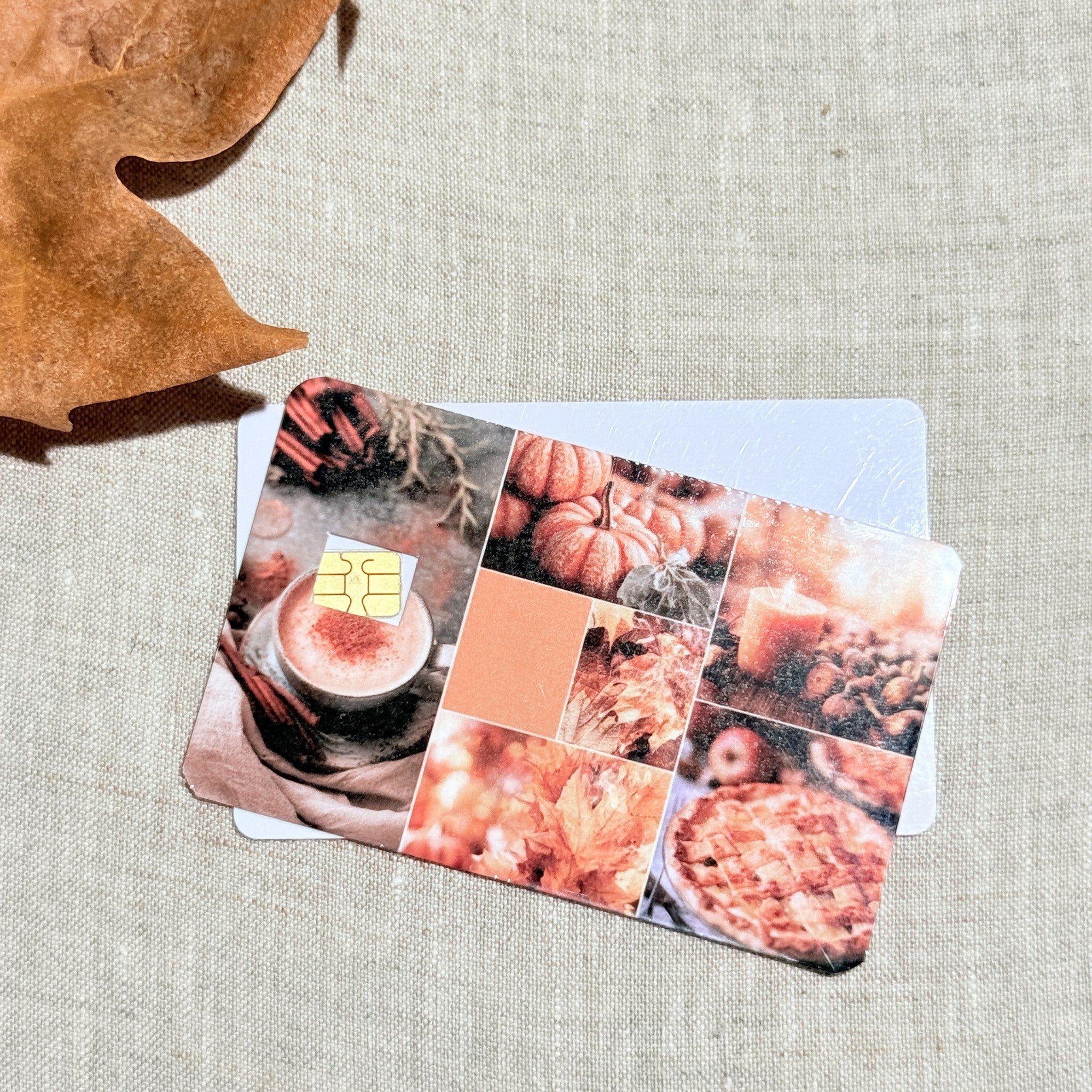 Two blush autumn collage card skins stacked to show the standard and sparkle finishes