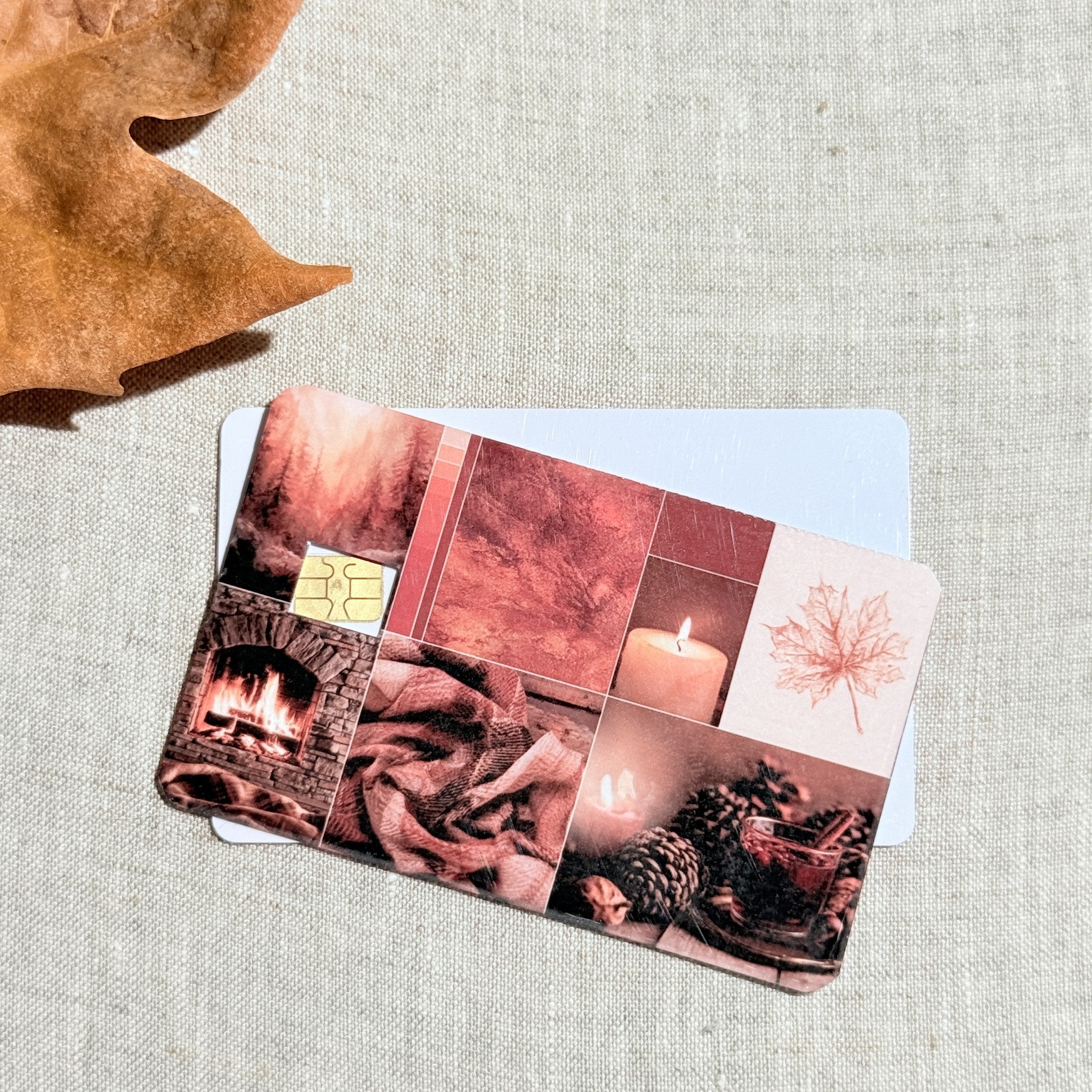 Two fireside autumn card skins stacked to show the standard and sparkle finishes