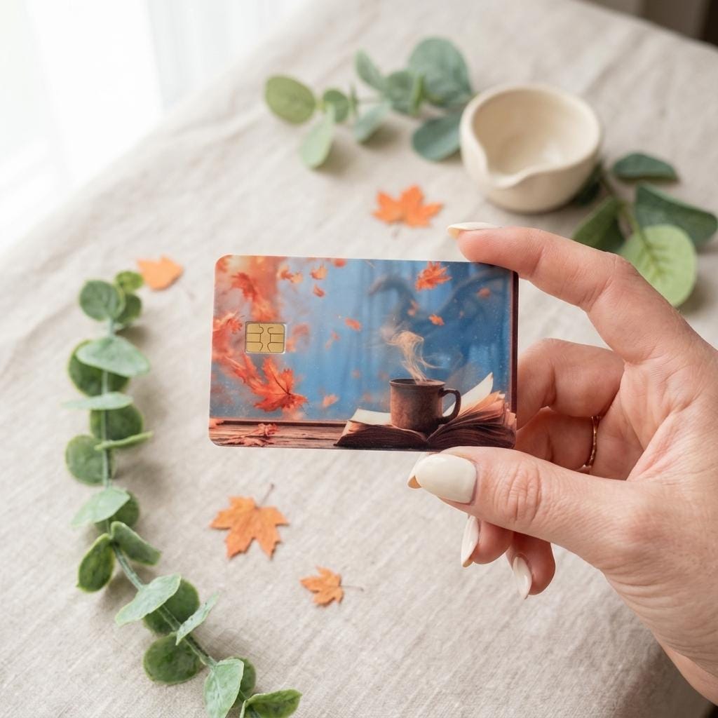 Fall coffee and books debit card skin held up beside orange maple leaves by The Sticker Era