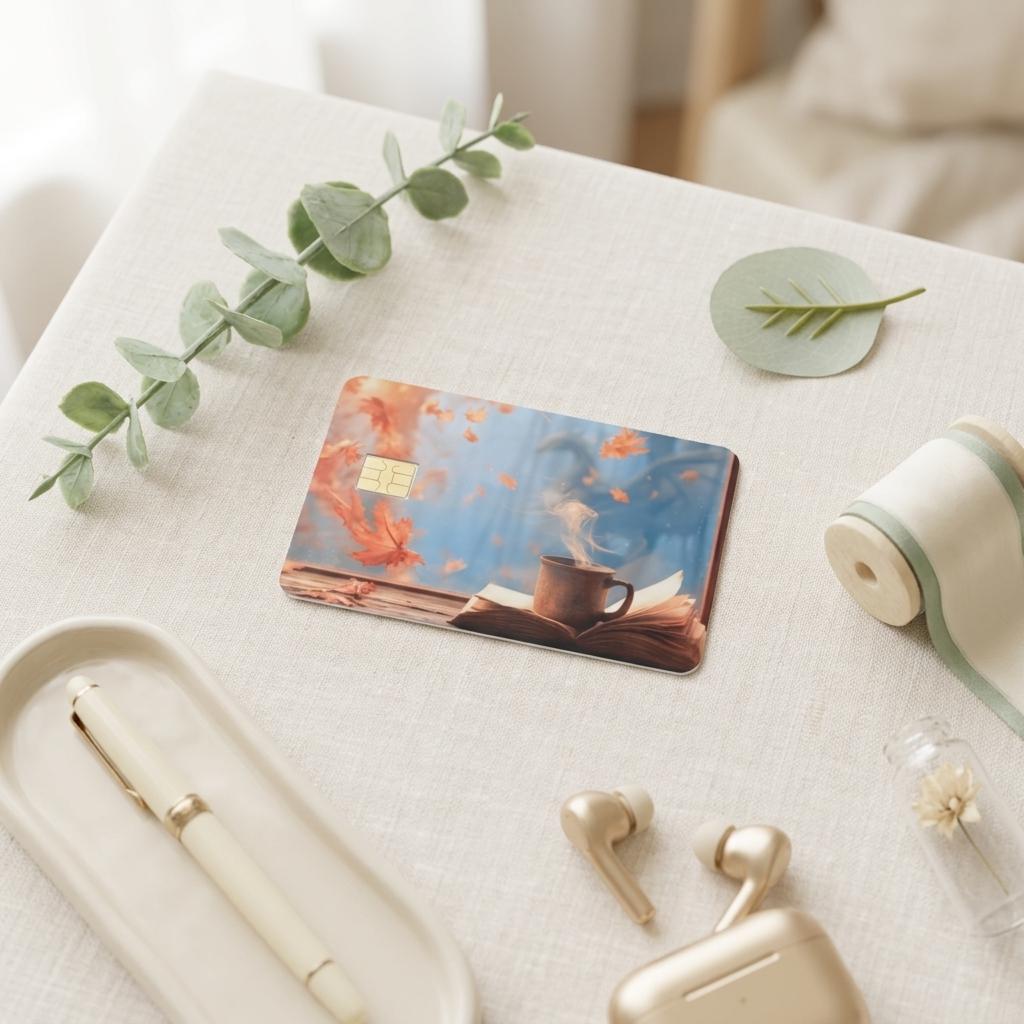 Fall reading card skin flat lay on linen with a pen and earbuds by The Sticker Era