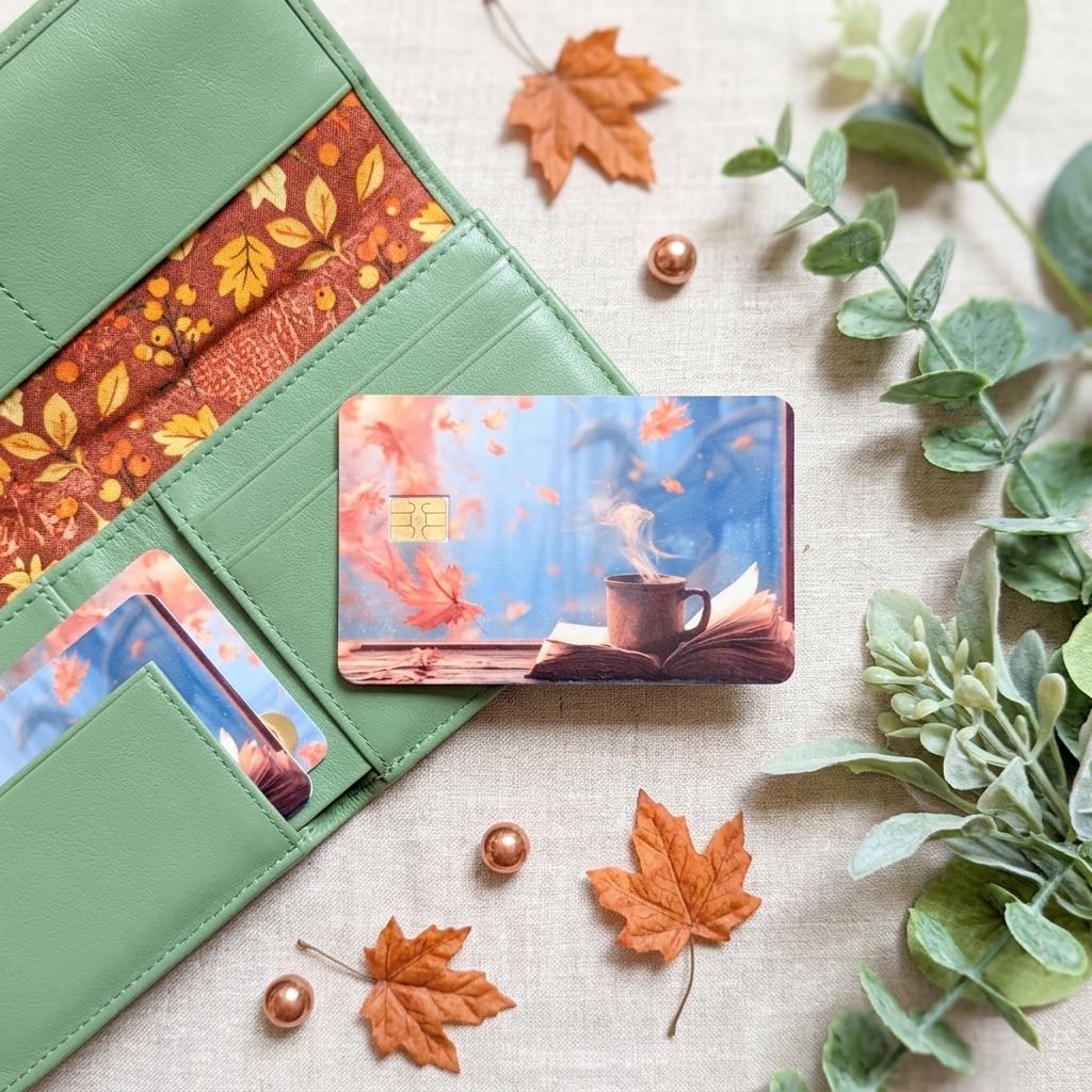 Fall card skin with maple leaves and a green wallet flat lay by The Sticker Era
