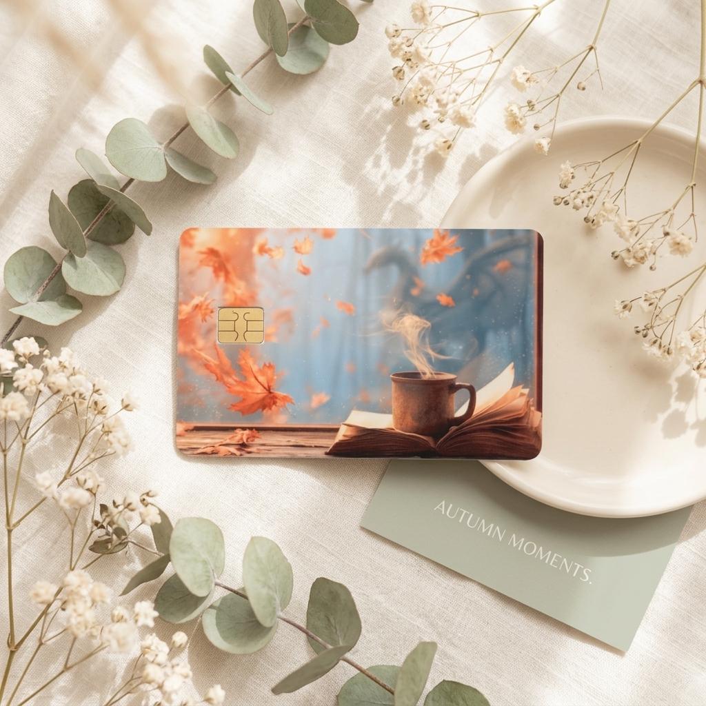 Cozy autumn coffee and dragon card skin styled with eucalyptus and dried flowers by The Sticker Era