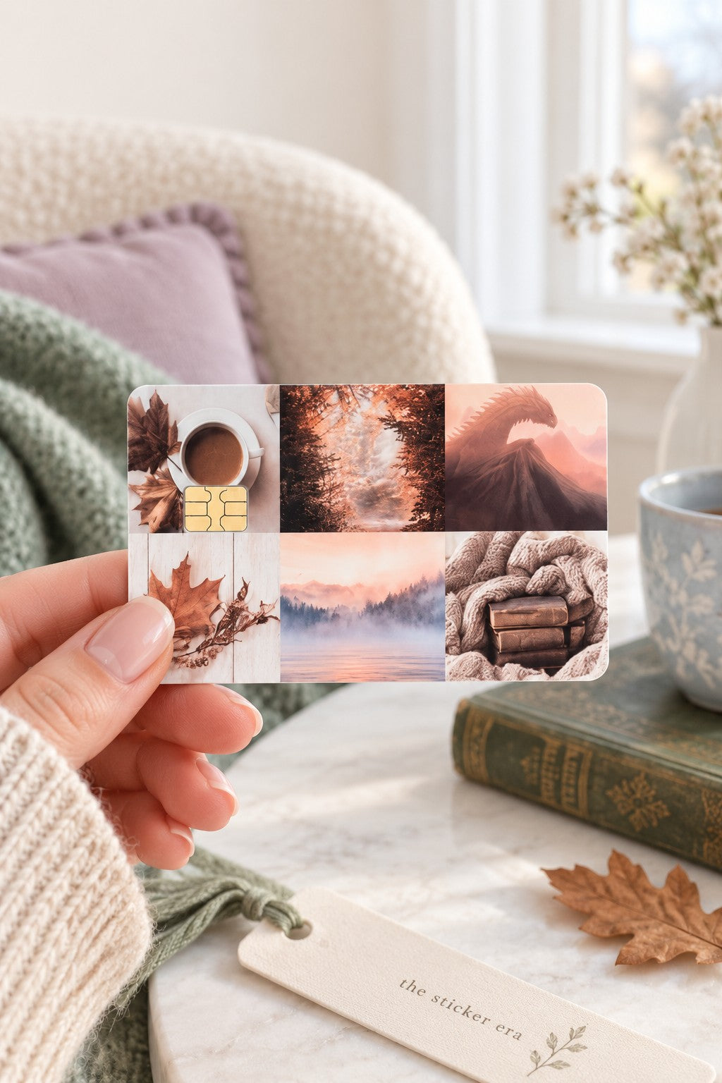 Fall vibes collage card skin held up in a cozy reading chair with a coffee mug and autumn leaves by The Sticker Era