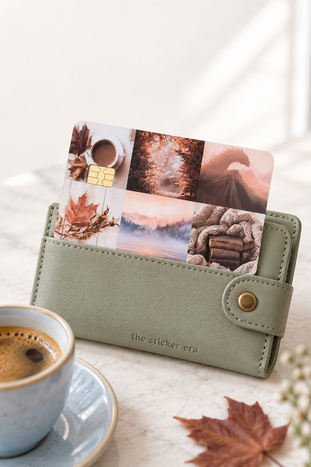 Fall vibes card skin tucked into a sage green wallet beside a latte by The Sticker Era