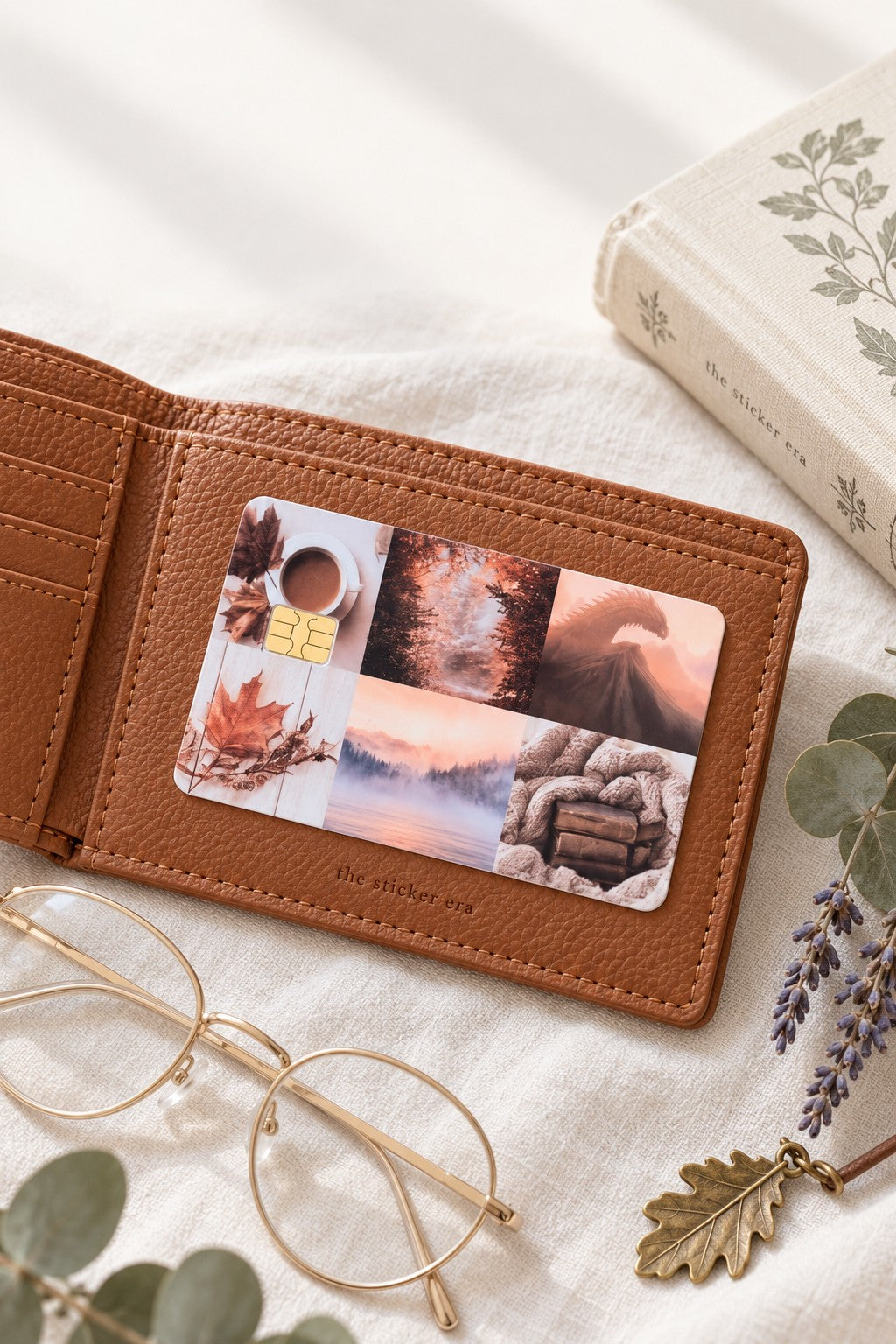 Autumn collage debit card skin inside a tan leather wallet with reading glasses by The Sticker Era