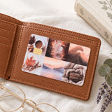 Autumn collage debit card skin inside a tan leather wallet with reading glasses by The Sticker Era