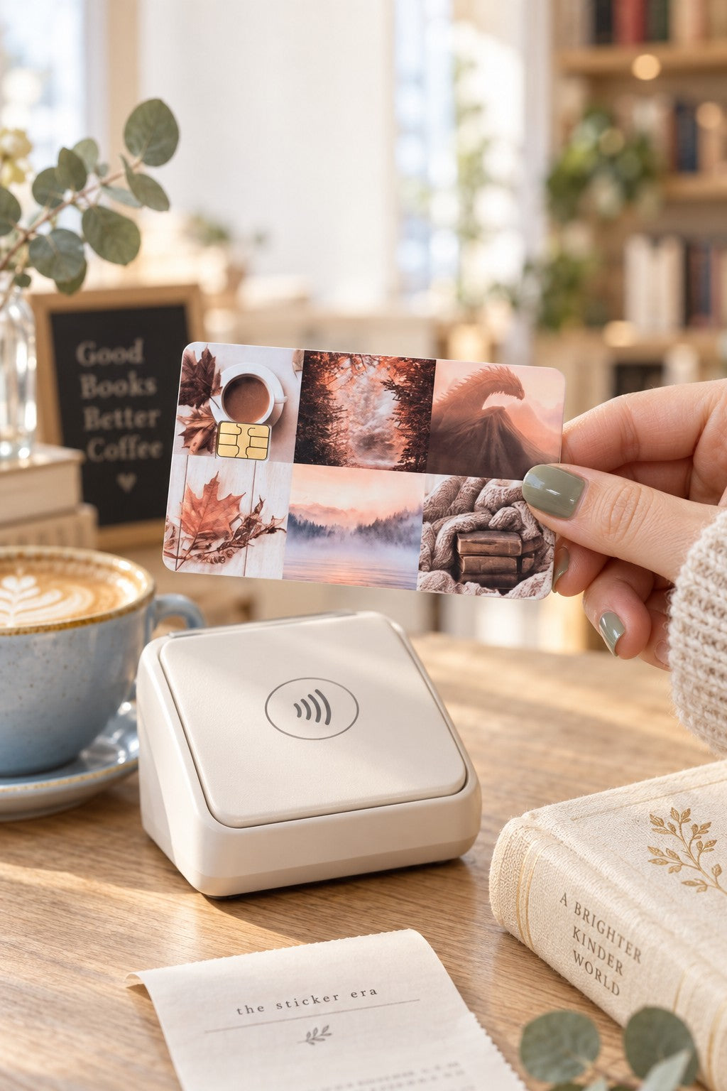 Hand holding the fall vibes card skin at a card reader in a cozy cafe by The Sticker Era