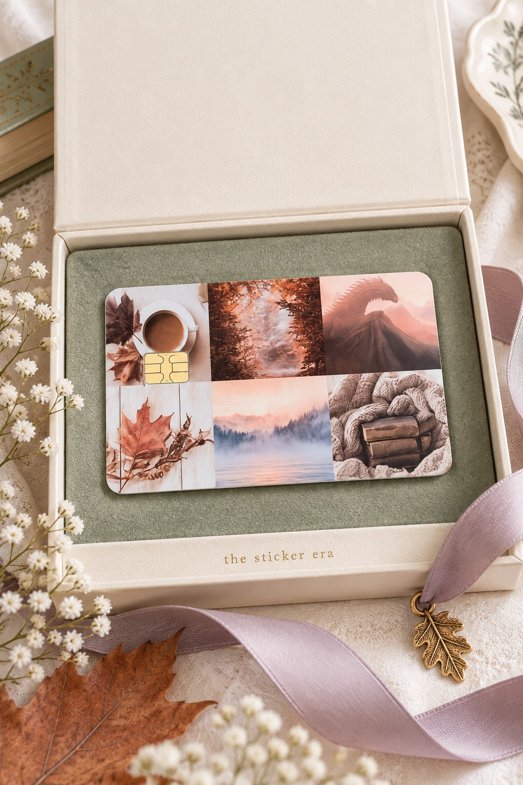 Fall vibes card skin in a white gift box with a sage ribbon by The Sticker Era