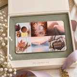 Fall vibes card skin in a white gift box with a sage ribbon by The Sticker Era