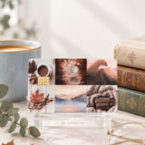 Autumn collage card skin on a clear stand with vintage books and a coffee mug by The Sticker Era