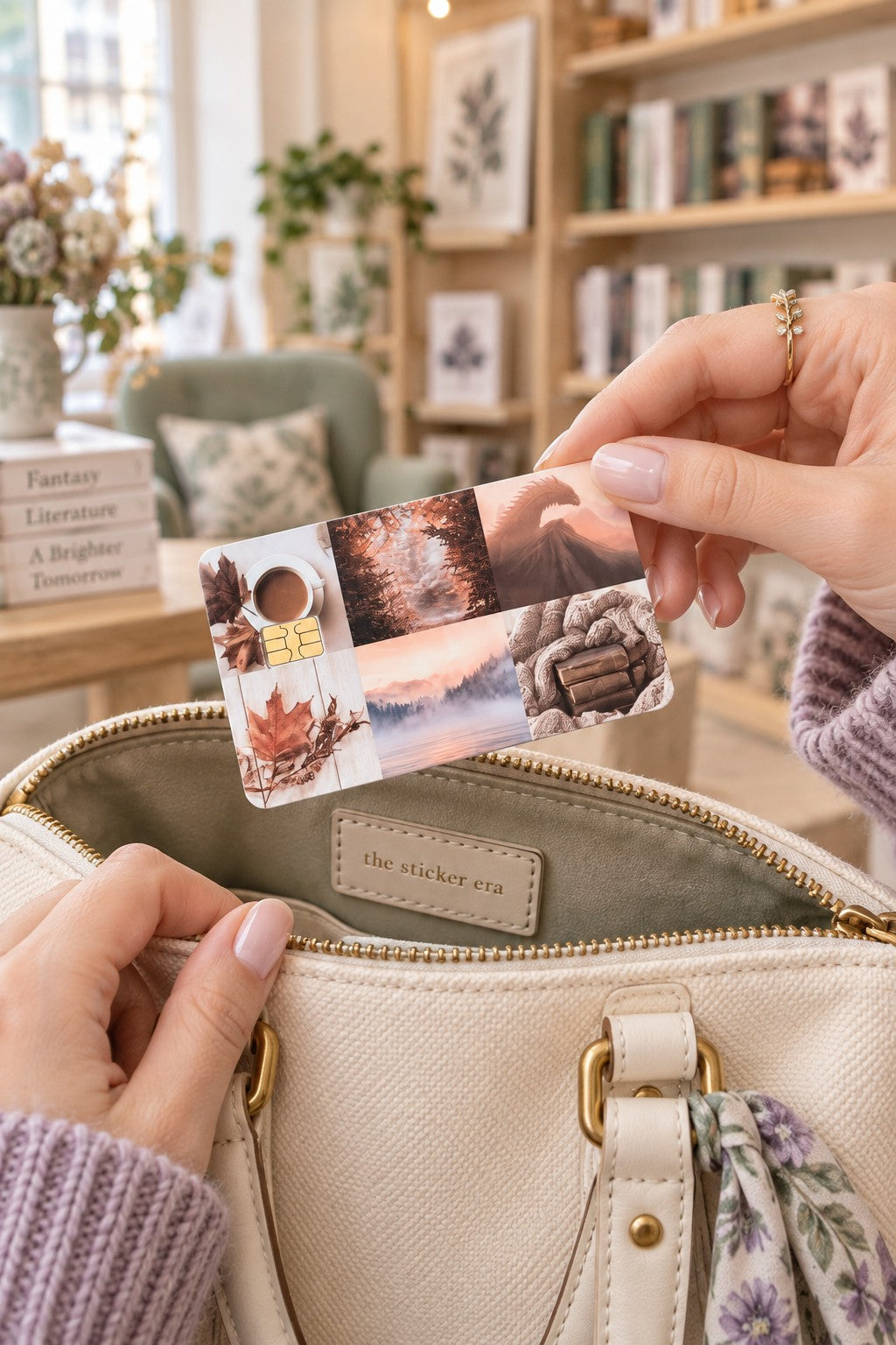 Hand pulling the fall vibes card skin from a cream handbag in a bookshop by The Sticker Era