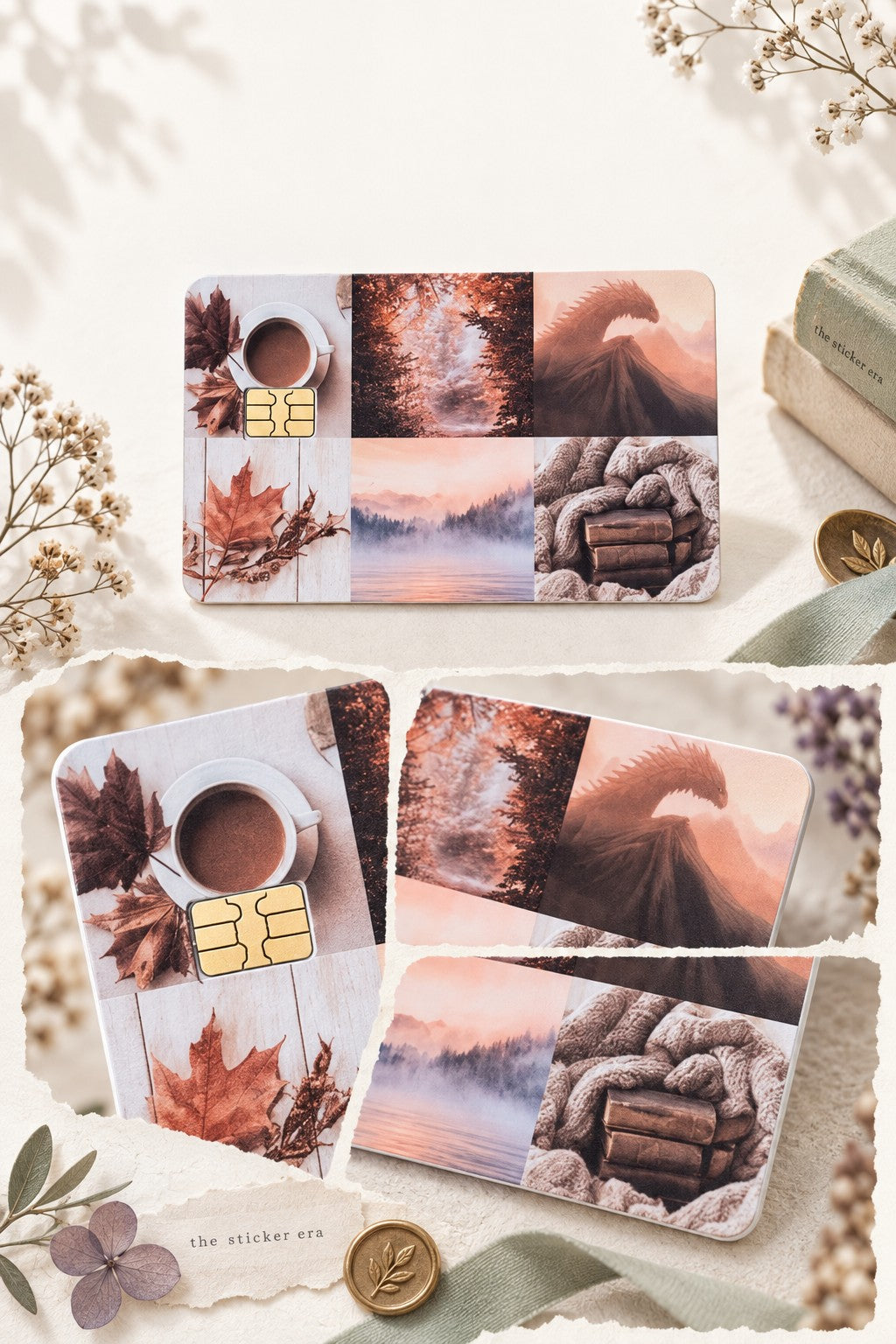 Collage of the fall vibes card skin with close-ups of the coffee, forest and lake panels by The Sticker Era