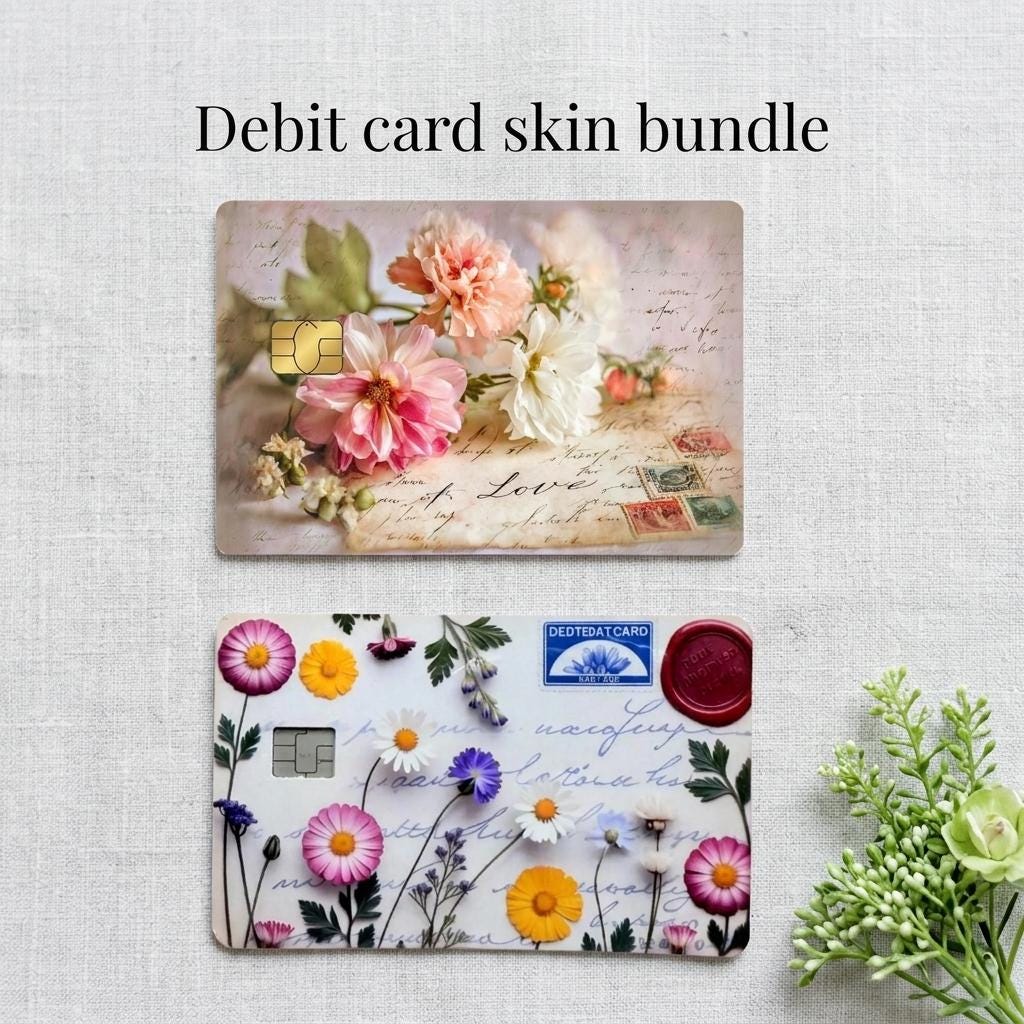 Floral card skin set close-up, botanical debit card stickers by The Sticker Era