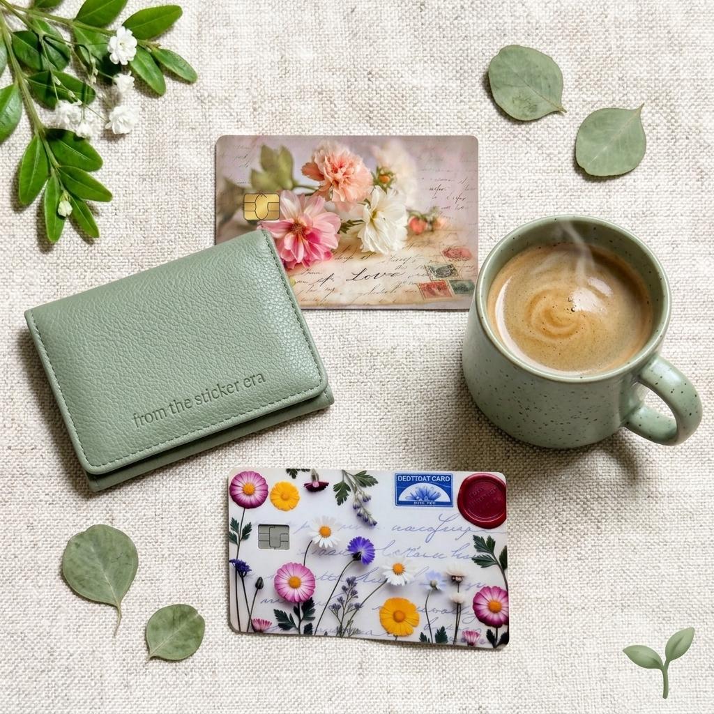 Two floral card skins styled flat lay by The Sticker Era