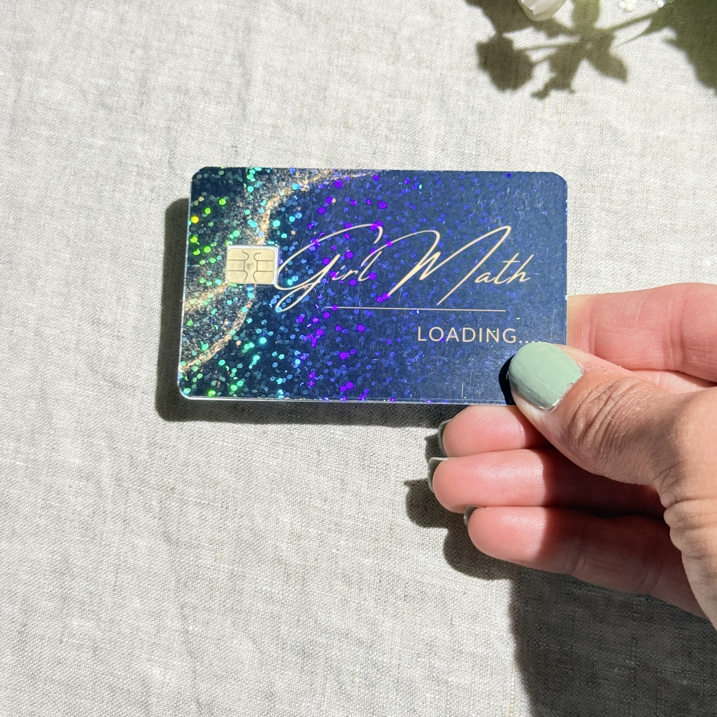 Girl Math credit card sticker showing chip cutout by The Sticker Era