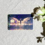 Golden dragon card skin with a dragon spreading its wings over a glowing lake on a debit card by The Sticker Era