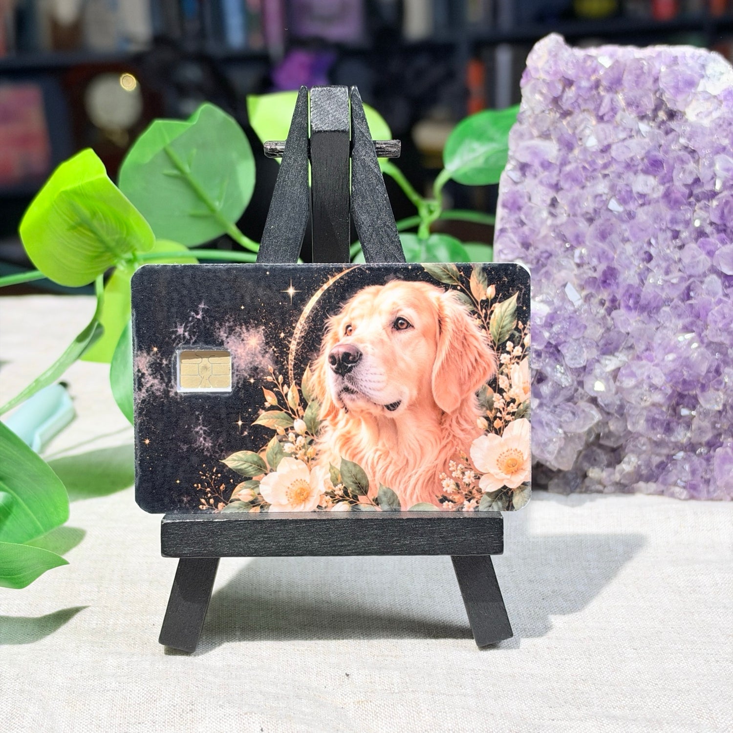 Golden Retriever Card Skin – Moonlit Floral Dog Portrait Debit & Credit Card Sticker by The Sticker Era