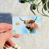 Highland cow card skin with fluffy Scottish cow on a sky blue debit card by The Sticker Era
