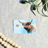 Close-up of the fluffy highland cow card sticker by The Sticker Era