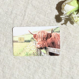 Highland cow meadow card skin with a fluffy cow leaning over a fence on a debit card by The Sticker Era