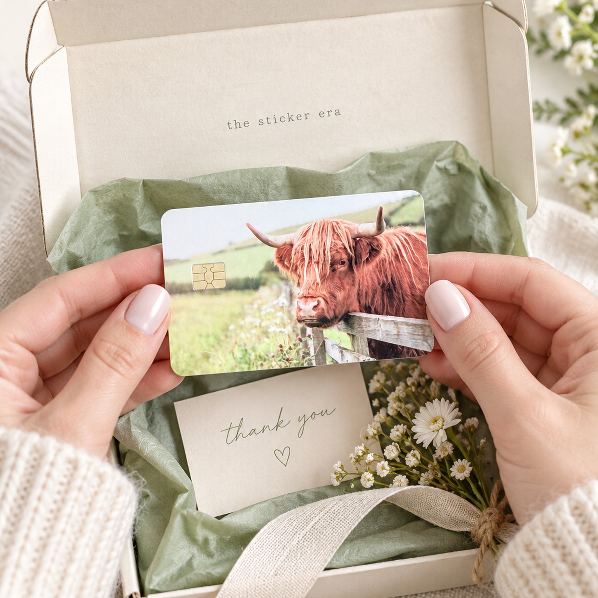 Hands unboxing the highland cow debit card skin from The Sticker Era packaging with a thank you note