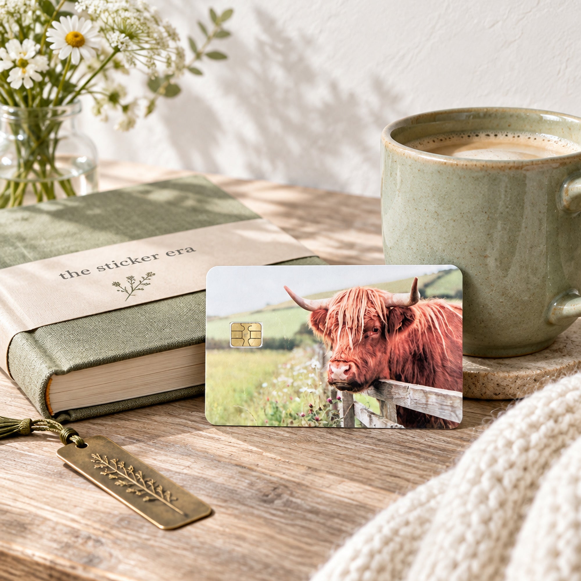 Fluffy cow card skin on a wood table with coffee, a green book and daisies by The Sticker Era