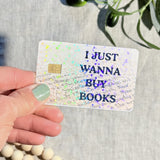 Close-up of holographic glitter over book page text on the card skin by The Sticker Era