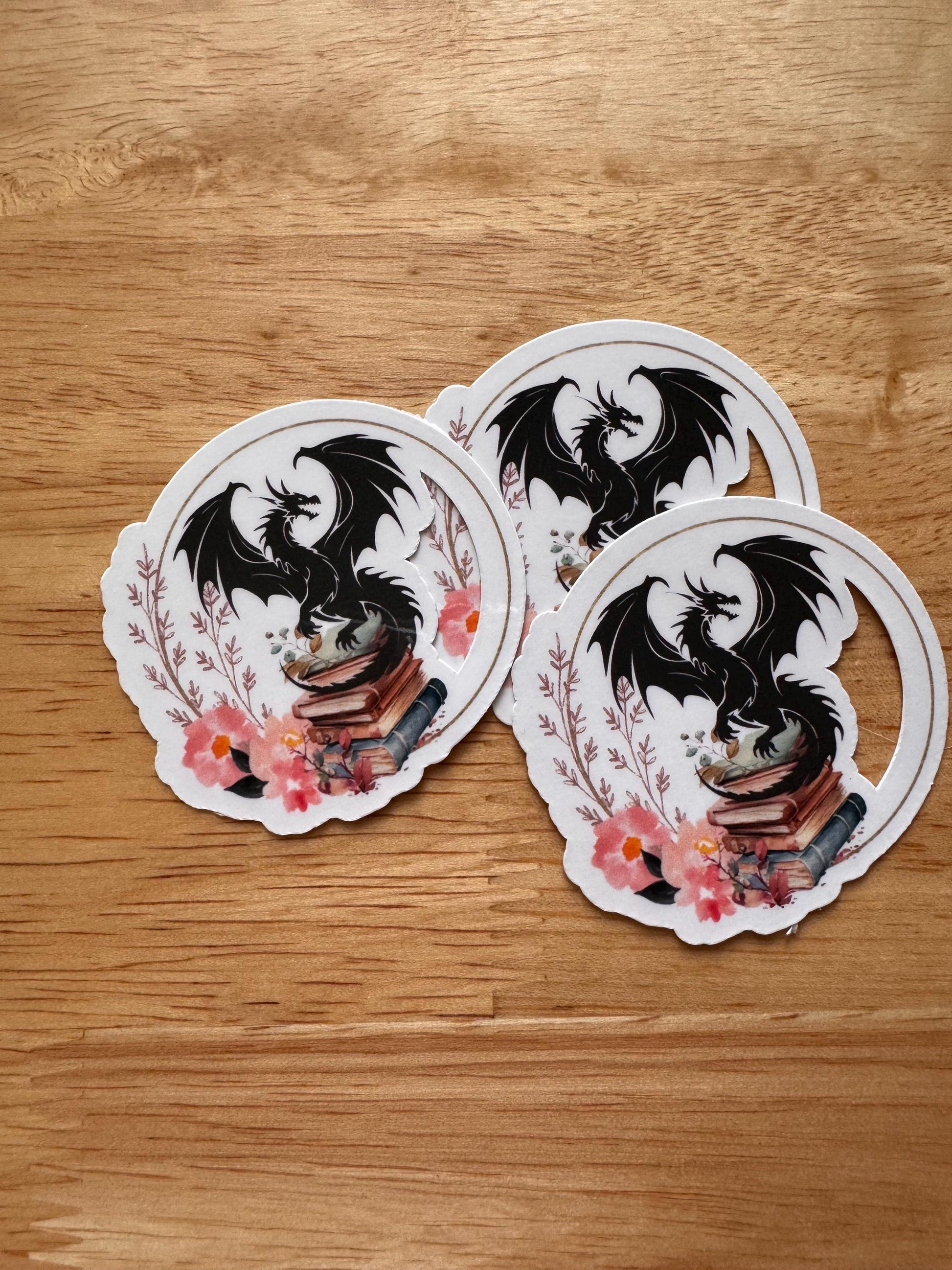Black Dragon on Books Vinyl Sticker | Fantasy Book Lover Decal | Floral Dragon Laptop Sticker | Majestic Literary Reader Gift | Dark Academia Accessory - The Sticker Era
