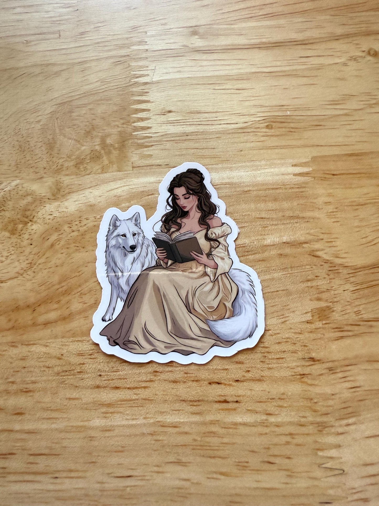 Belle Reading with White Wolf Sticker – Fantasy Vinyl Decal for Book Lovers & Fairytale Fans - The Sticker Era