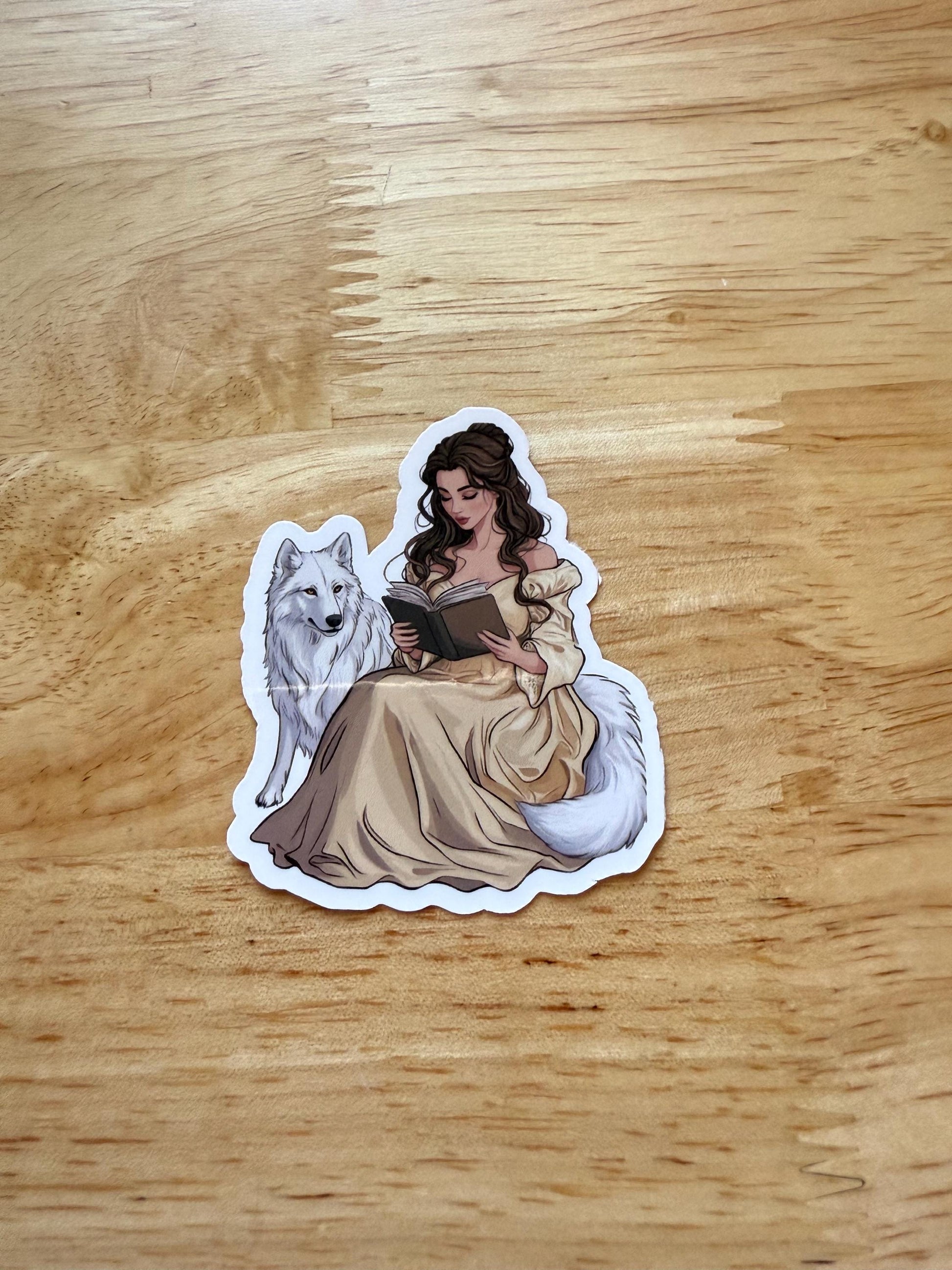 Belle Reading with White Wolf Sticker – Fantasy Vinyl Decal for Book Lovers & Fairytale Fans - The Sticker Era