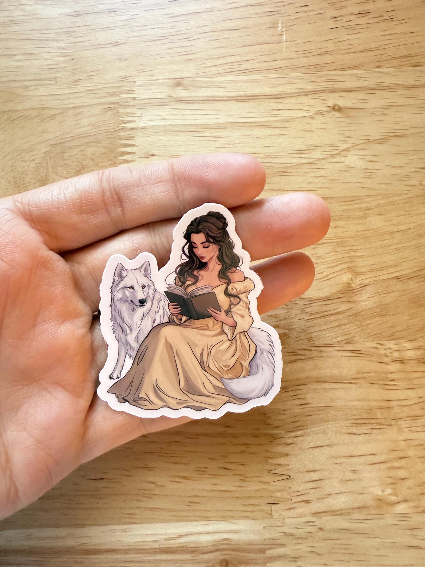 Belle Reading with White Wolf Sticker – Fantasy Vinyl Decal for Book Lovers & Fairytale Fans - The Sticker Era