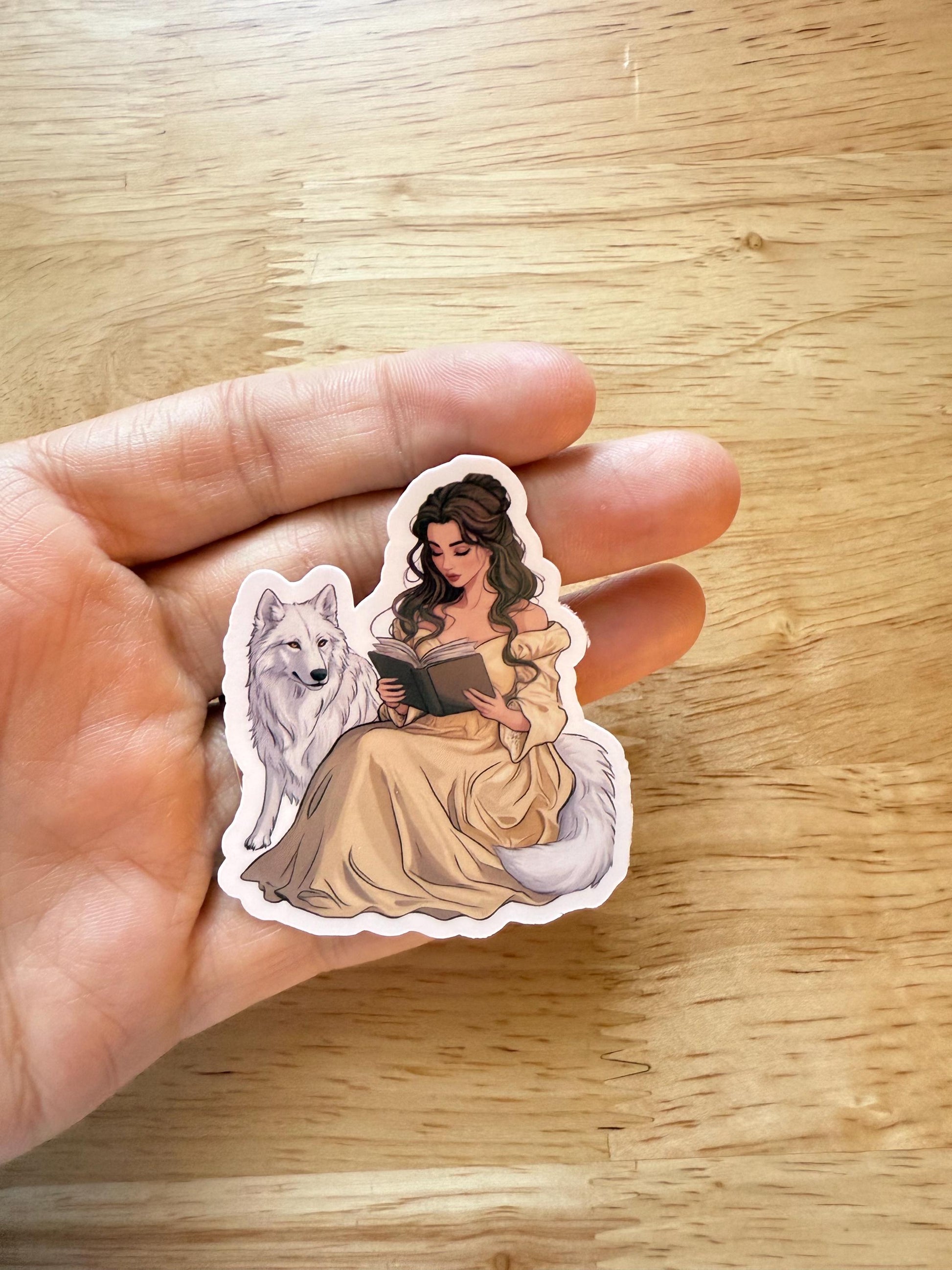 Belle Reading with White Wolf Sticker – Fantasy Vinyl Decal for Book Lovers & Fairytale Fans - The Sticker Era