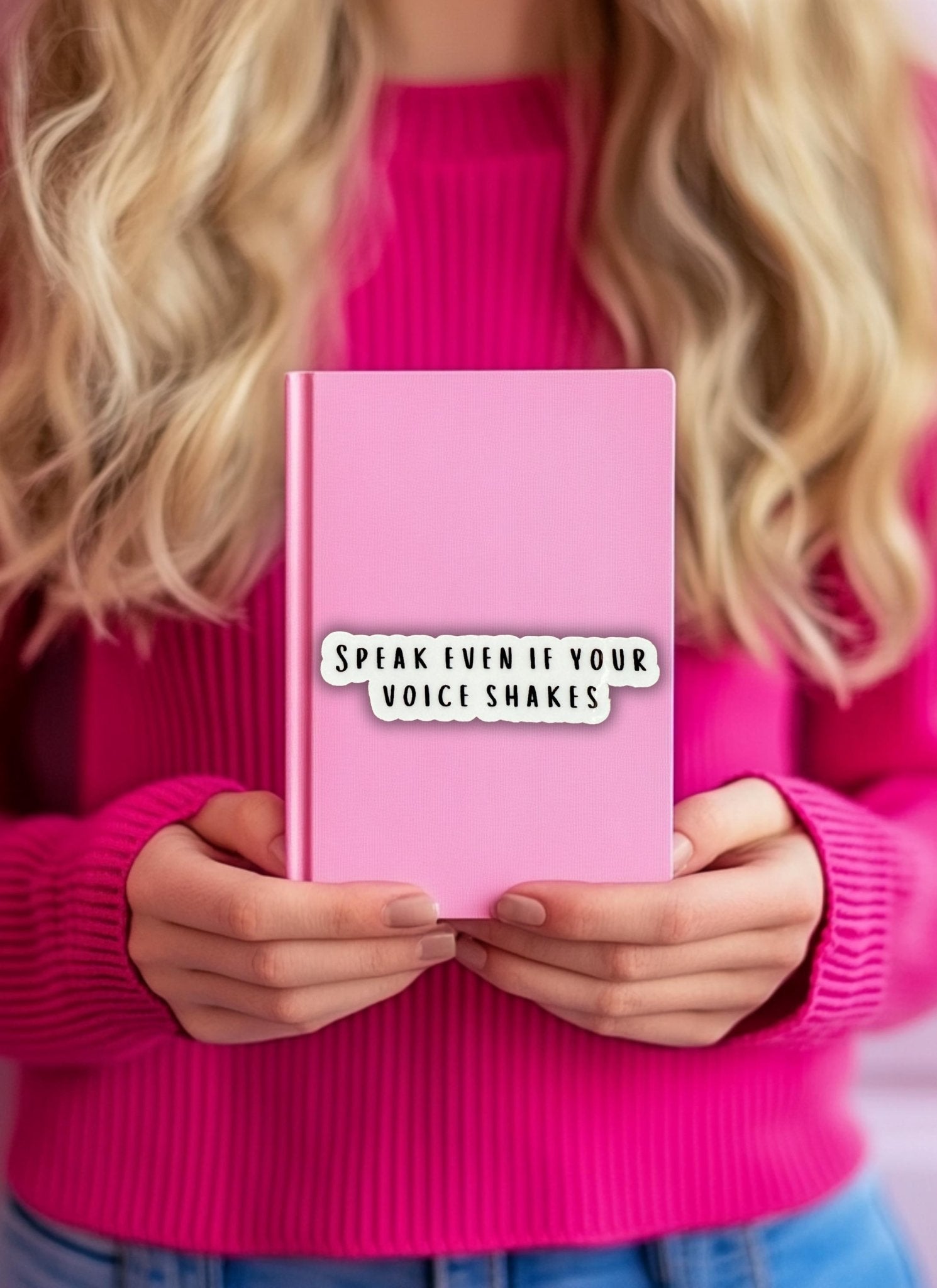 Person holding a pink notebook with the "Speak Even If Your Voice Shakes" sticker