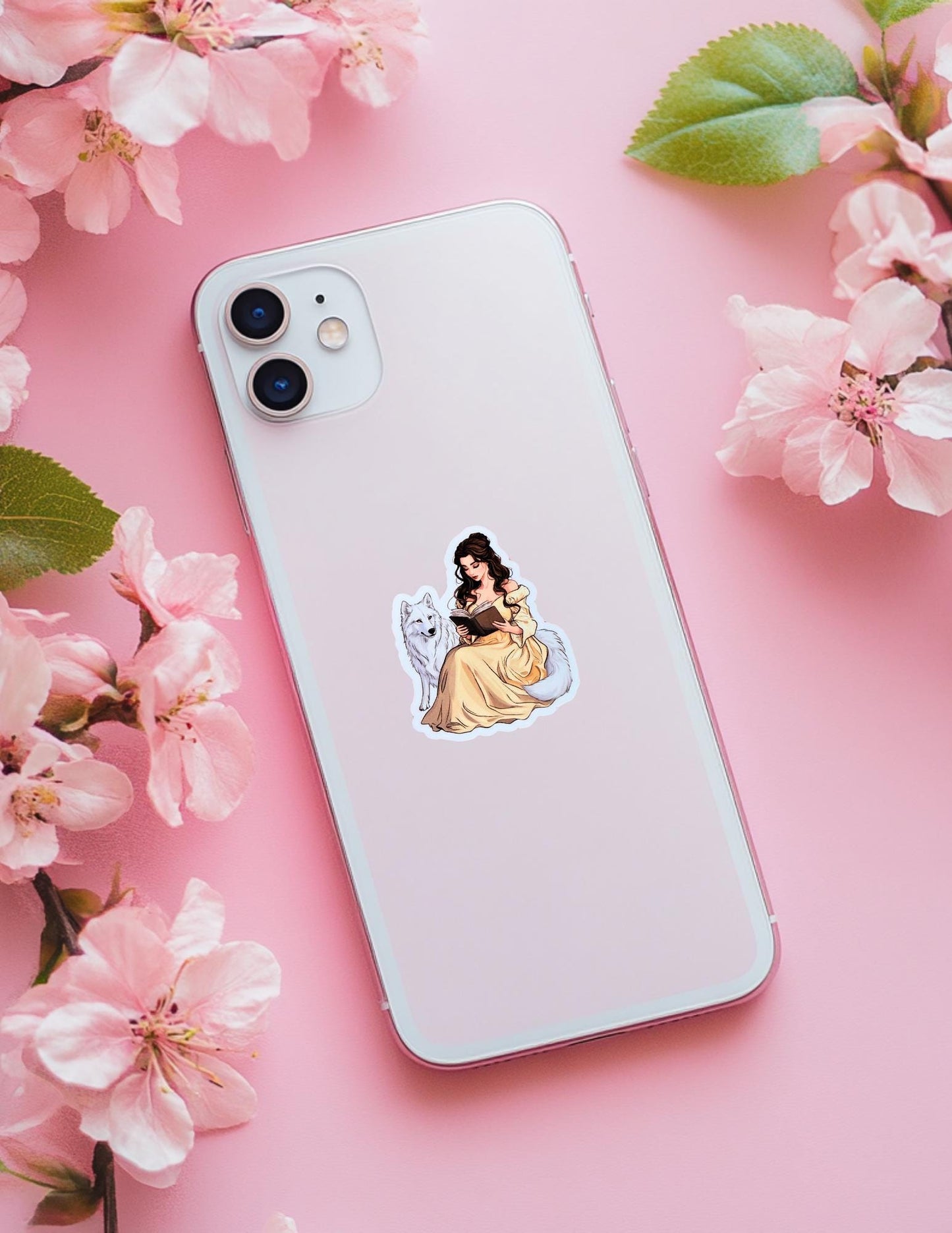 Belle Reading with White Wolf Sticker – Fantasy Vinyl Decal for Book Lovers & Fairytale Fans - The Sticker Era