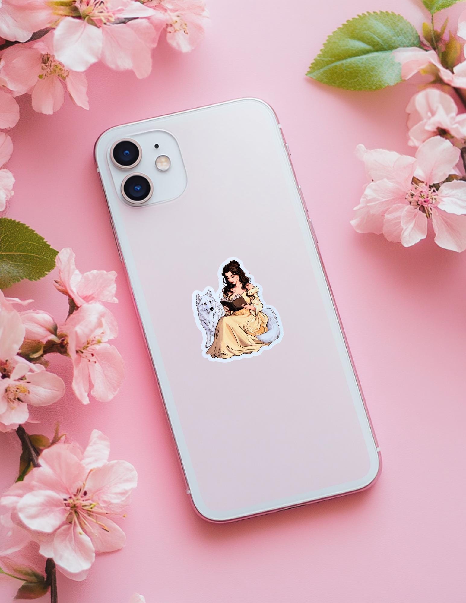 Belle Reading with White Wolf Sticker – Fantasy Vinyl Decal for Book Lovers & Fairytale Fans - The Sticker Era