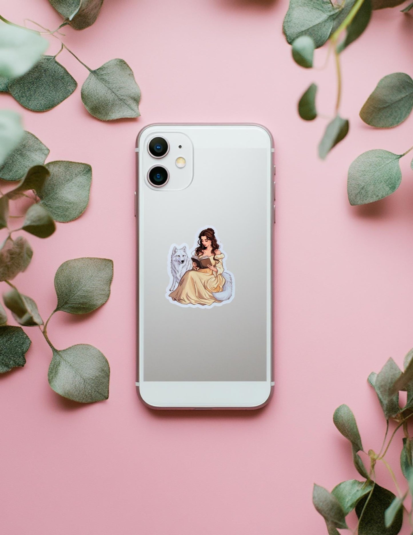Belle Reading with White Wolf Sticker – Fantasy Vinyl Decal for Book Lovers & Fairytale Fans - The Sticker Era