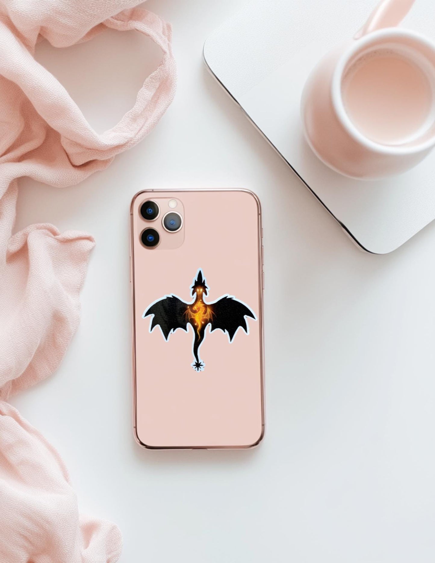 Fourth Wing dragon sticker styled flat lay phone case display by The Sticker Era