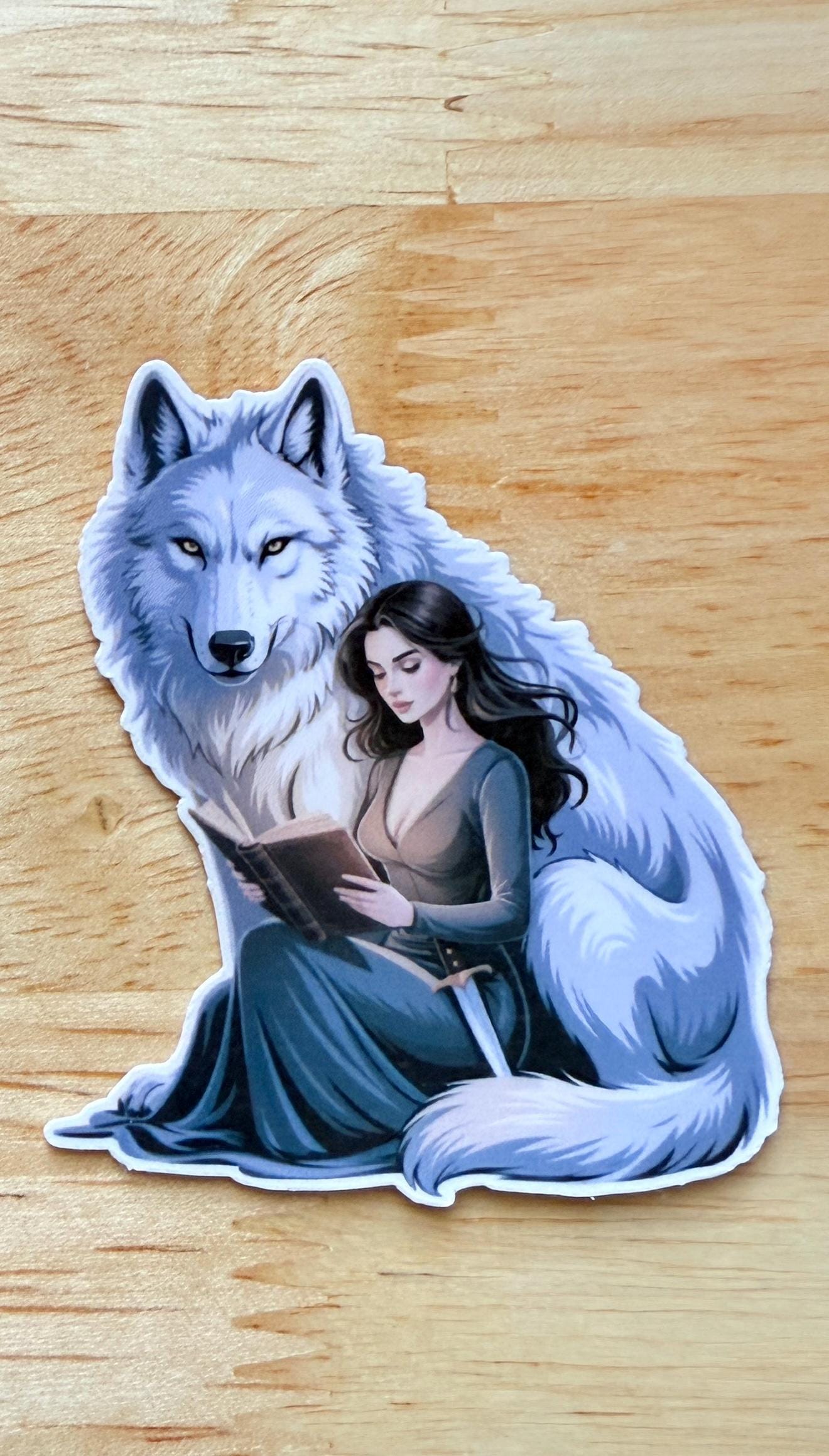 Girl with Wolf Reading Sticker – Mystical Bookish Vinyl Decal for Fantasy Fans & Animal Lovers - The Sticker Era