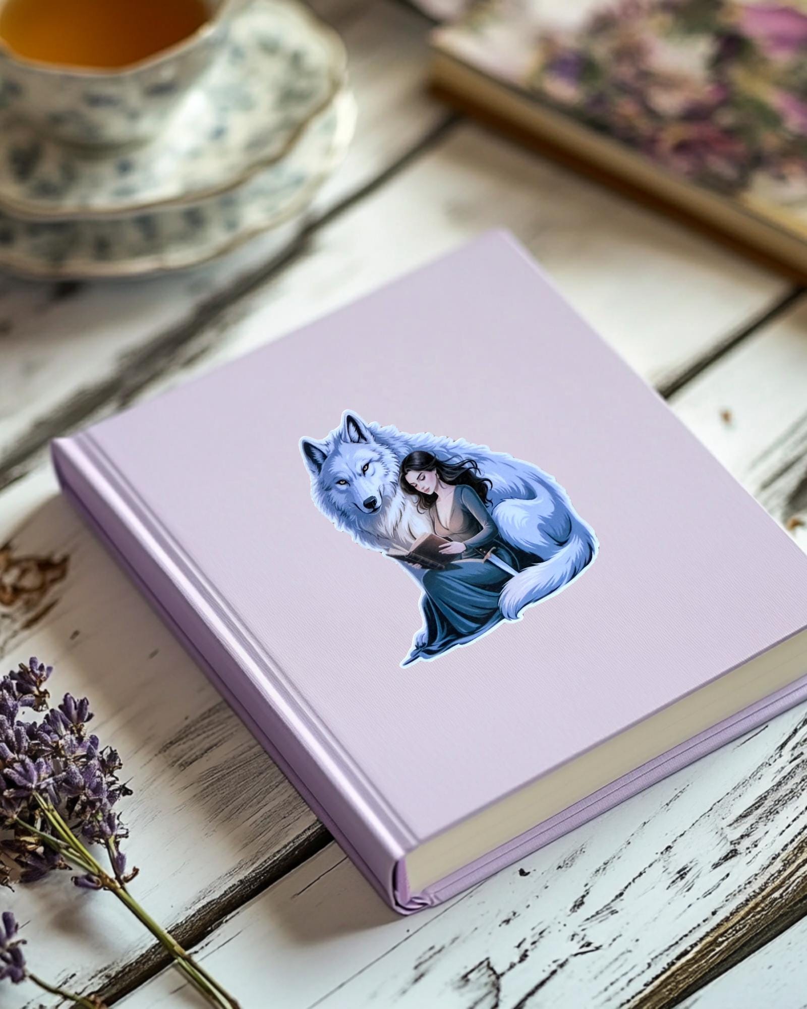 Girl with Wolf Reading Sticker – Mystical Bookish Vinyl Decal for Fantasy Fans & Animal Lovers - The Sticker Era