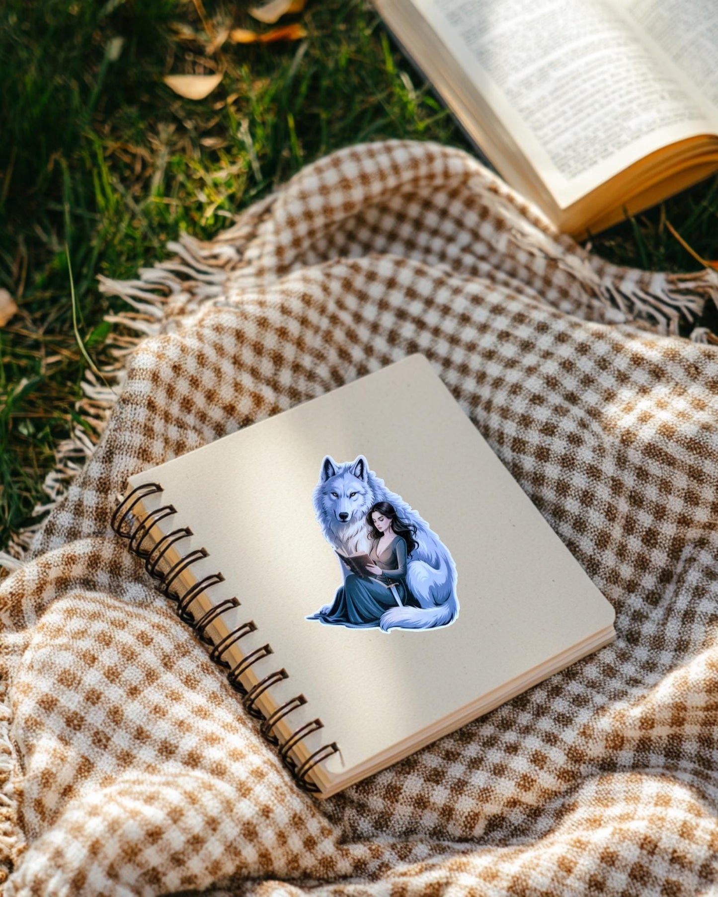 Girl with Wolf Reading Sticker – Mystical Bookish Vinyl Decal for Fantasy Fans & Animal Lovers - The Sticker Era