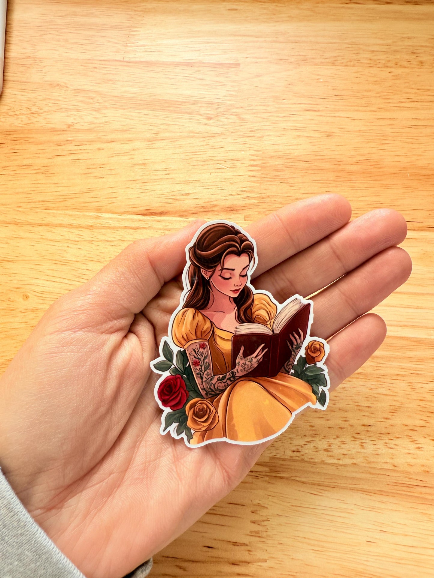 Belle Tattoo Sticker – Bookish Vinyl Decal Featuring a Tattooed Princess Reading Her Favorite Book - The Sticker Era