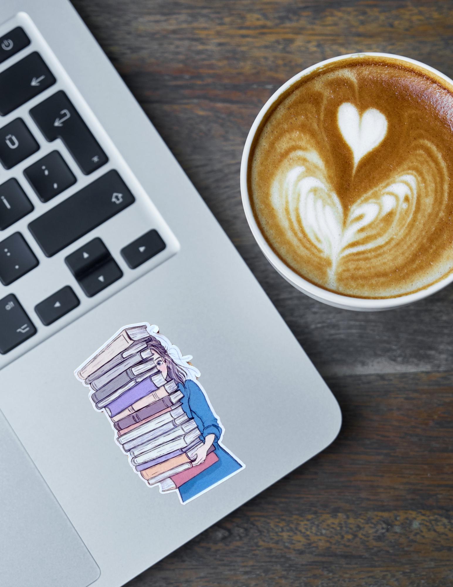 Book Hoarder Sticker – Girl Peeking with Huge Stack of Books, Bookish Vinyl Decal for Readers & Journal Lovers - The Sticker Era