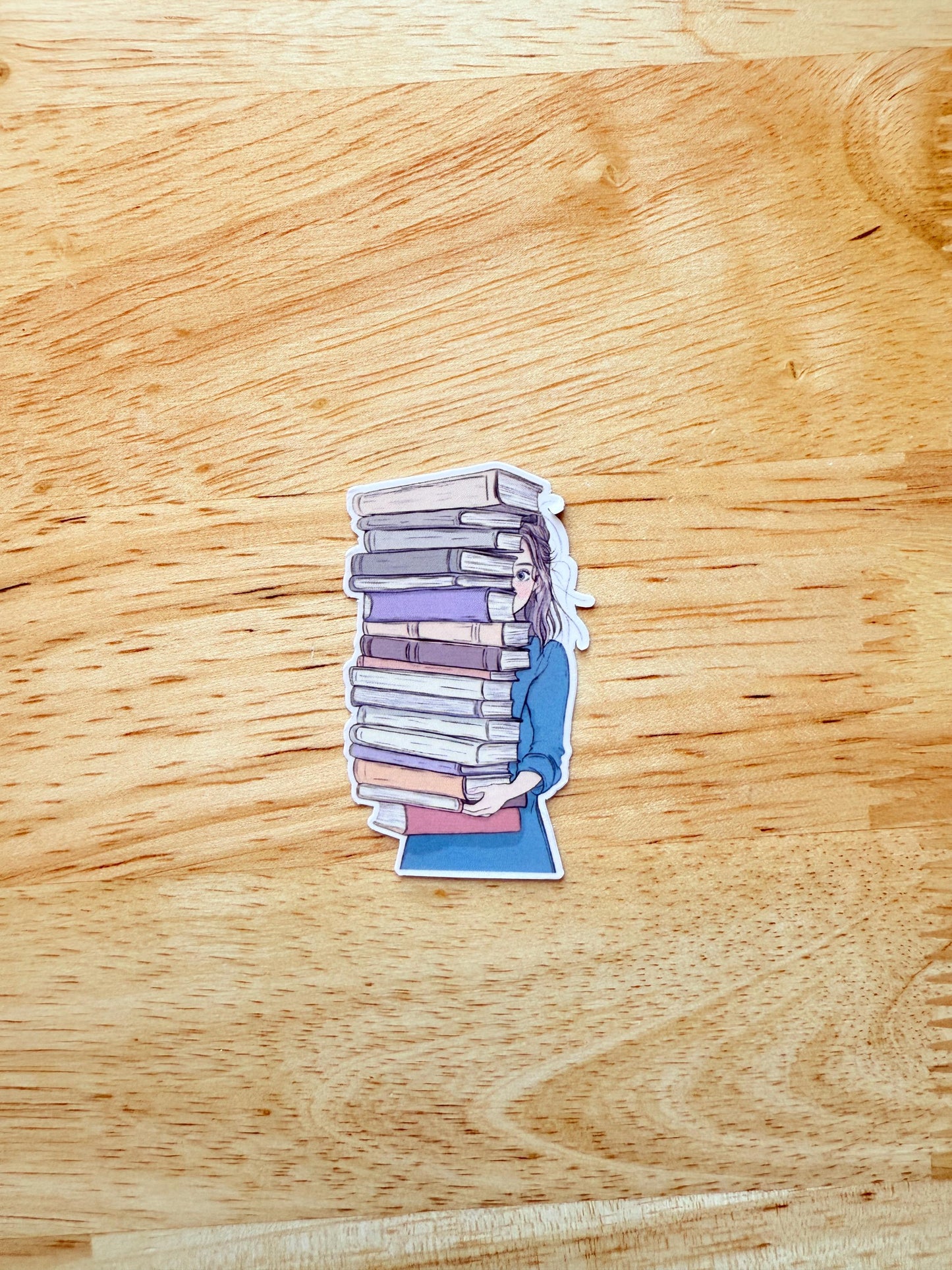 Book Hoarder Sticker – Girl Peeking with Huge Stack of Books, Bookish Vinyl Decal for Readers & Journal Lovers - The Sticker Era