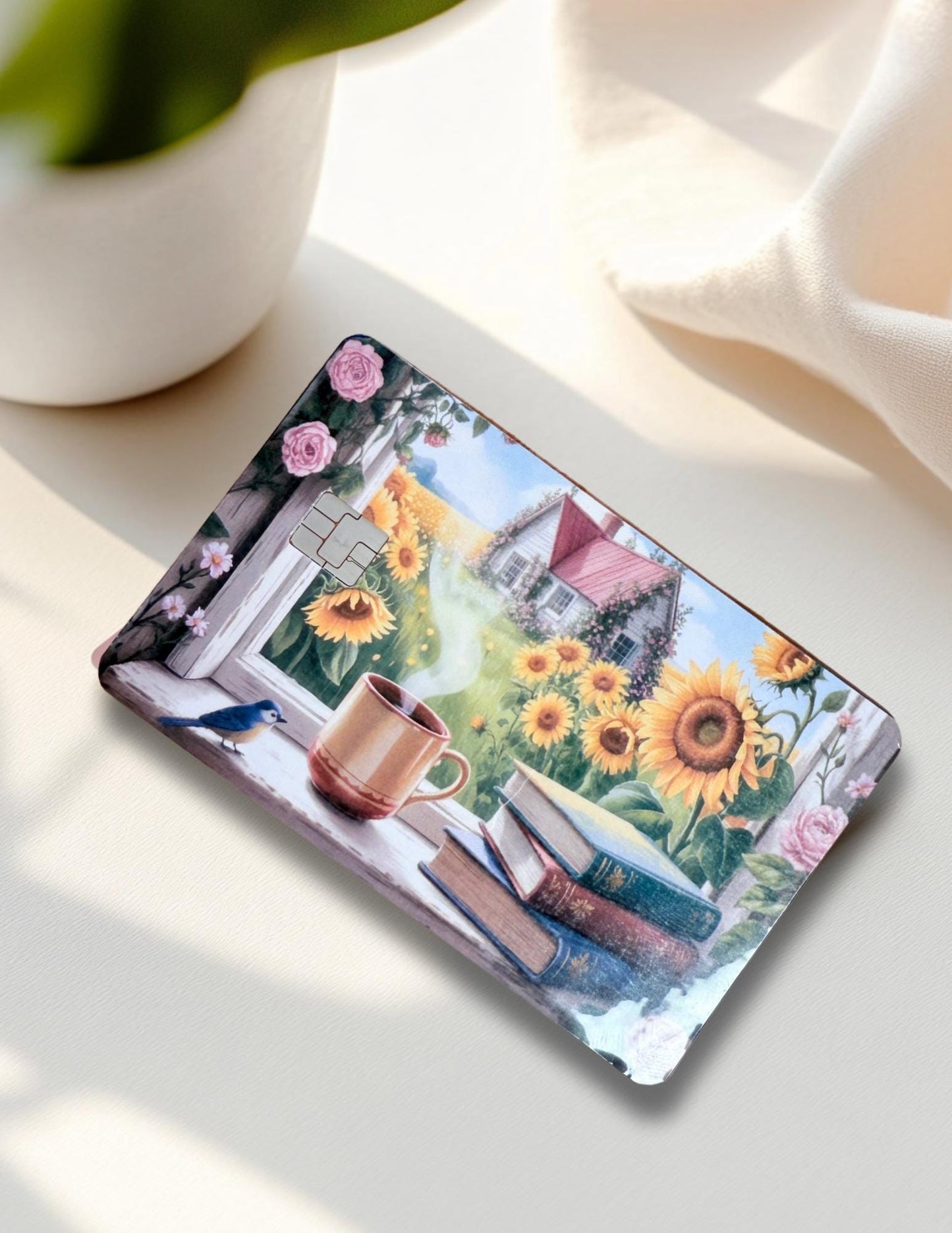 A debit card skin with a cozy sunflower garden view, coffee mug, and open books. Ideal for floral lovers and cozy cottagecore fans.