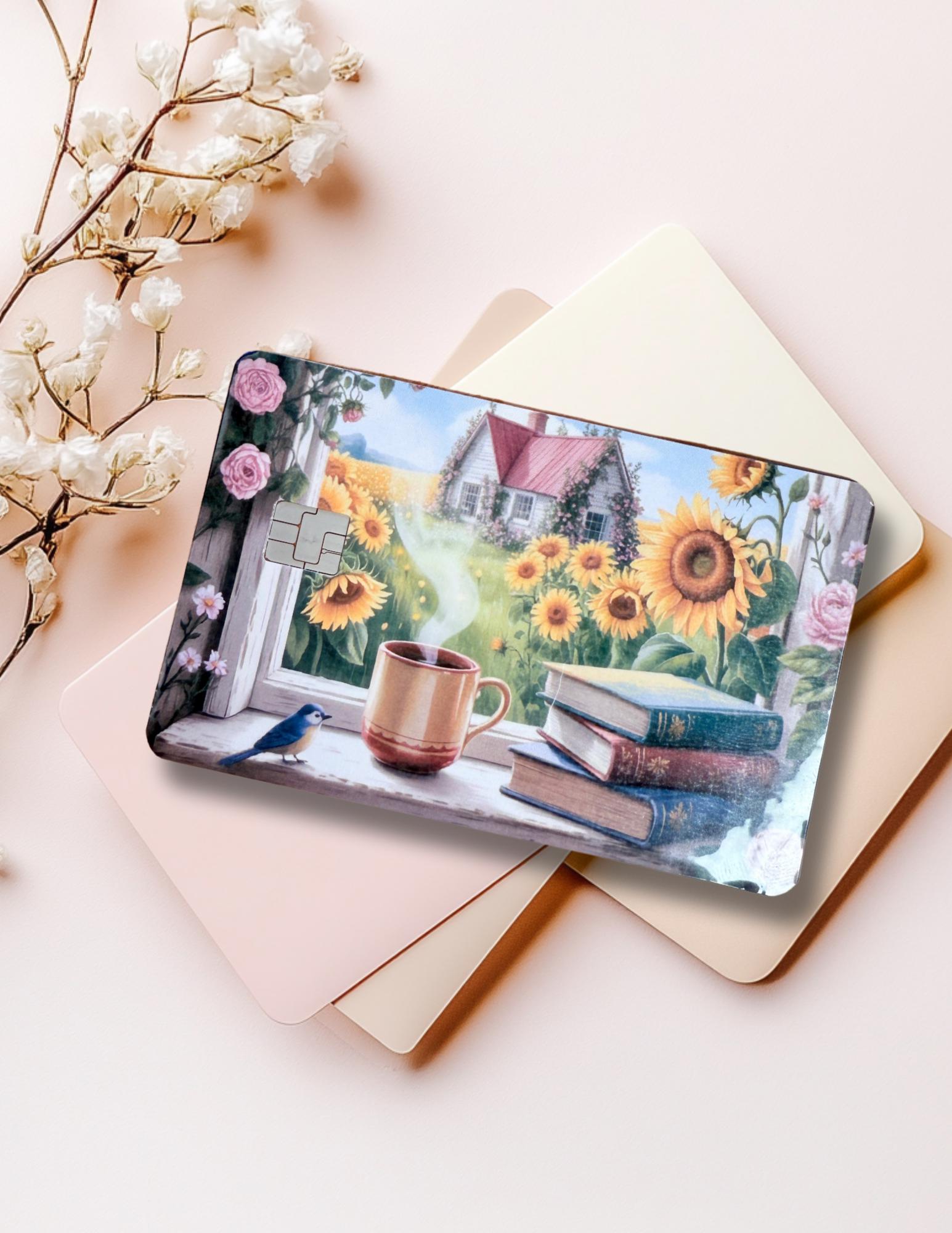 Sunflower Cottage Debit Card Skin: Bookish Coffee Window Vinyl Cover for Readers & Dreamers - The Sticker Era
