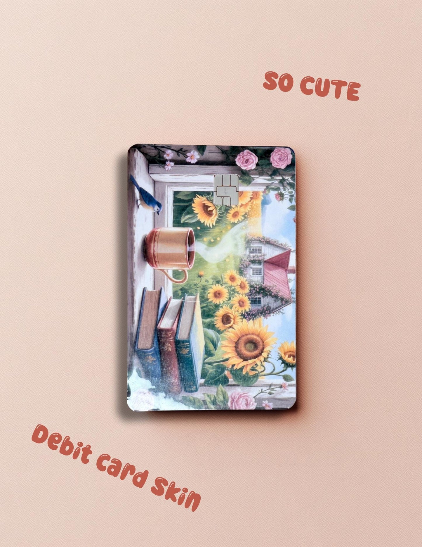 Sunflower Cottage Debit Card Skin: Bookish Coffee Window Vinyl Cover for Readers & Dreamers - The Sticker Era